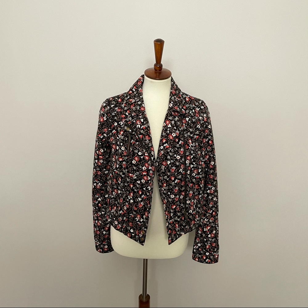 Anthropologie Hei Hei Jacket Moto Floral Cropped Black Coral Grey White